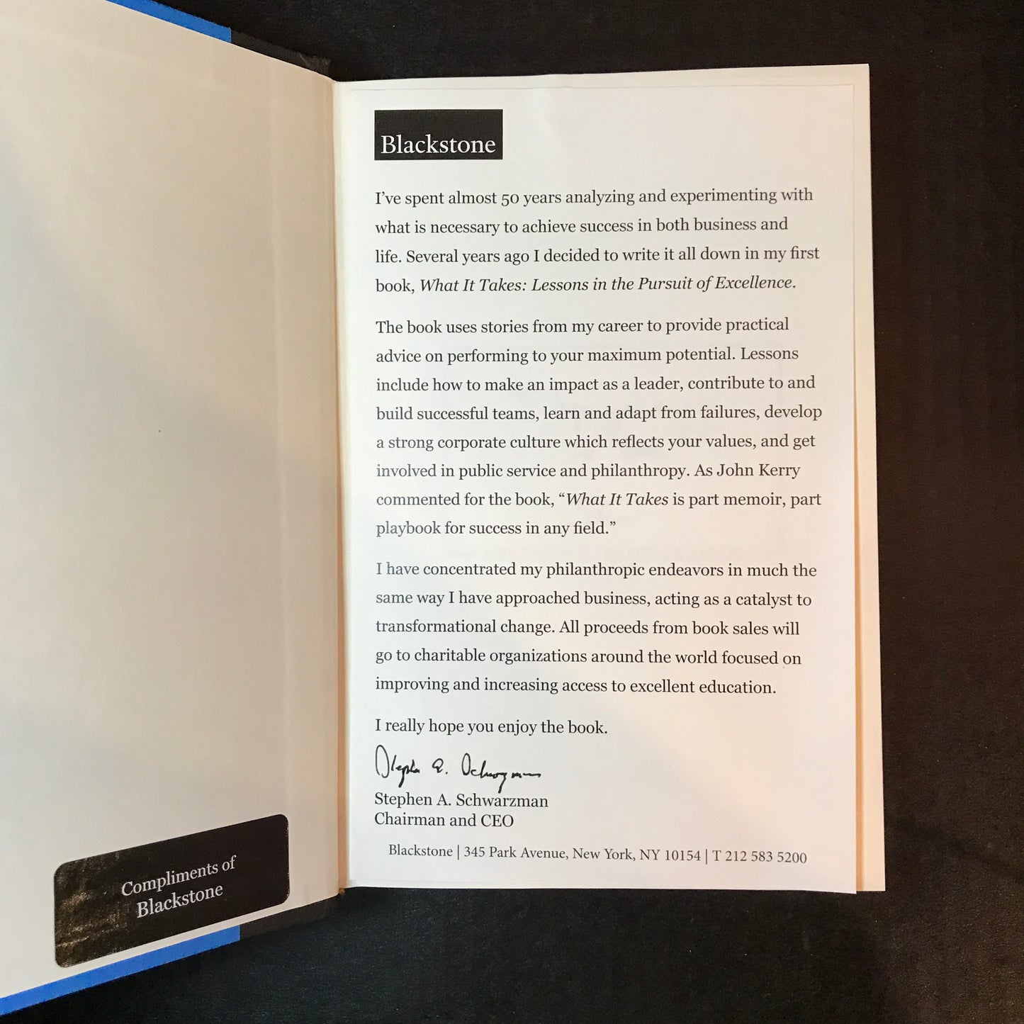 What it Takes - Stephen A. Schwarzman - Signed - 1st Edition - 2019