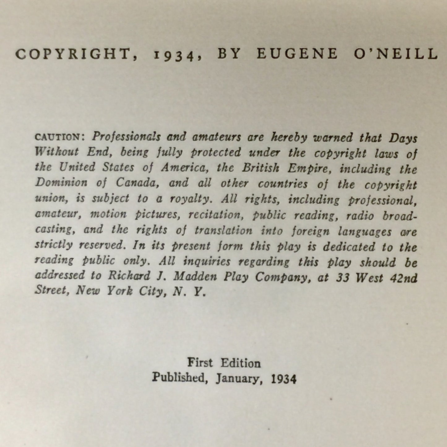 Days Without End - Eugene O'Neill - First Edition - 1934