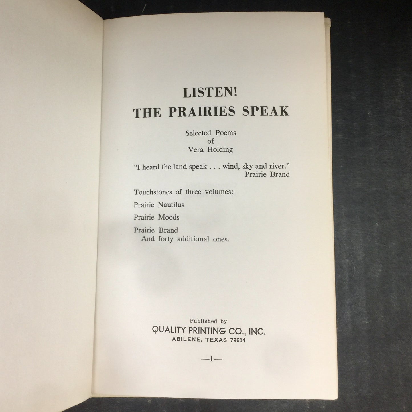 Listen! The Prairies Speak - Vera Holding - Inscribed by Author - 1968