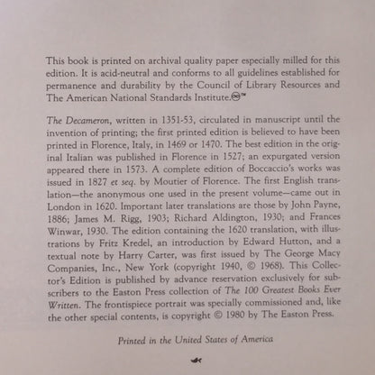 The Decameron - John Boccaccio - Easton Press - Edge Wear - 1980