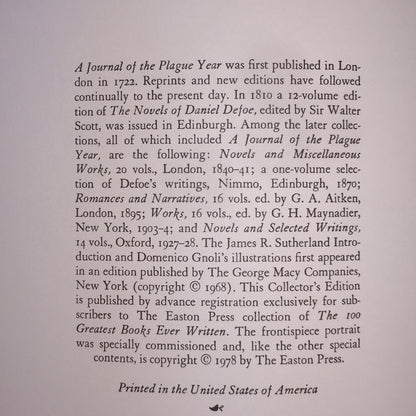 A Journal of the Plague Year - Daniel Defoe - Easton Press - Dent on Foredge - 1978