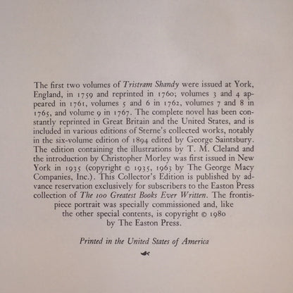 The Life and Opinions of Tristram Shandy, Gent. - Laurence Sterne - Easton Press - Edge Wear - 1980