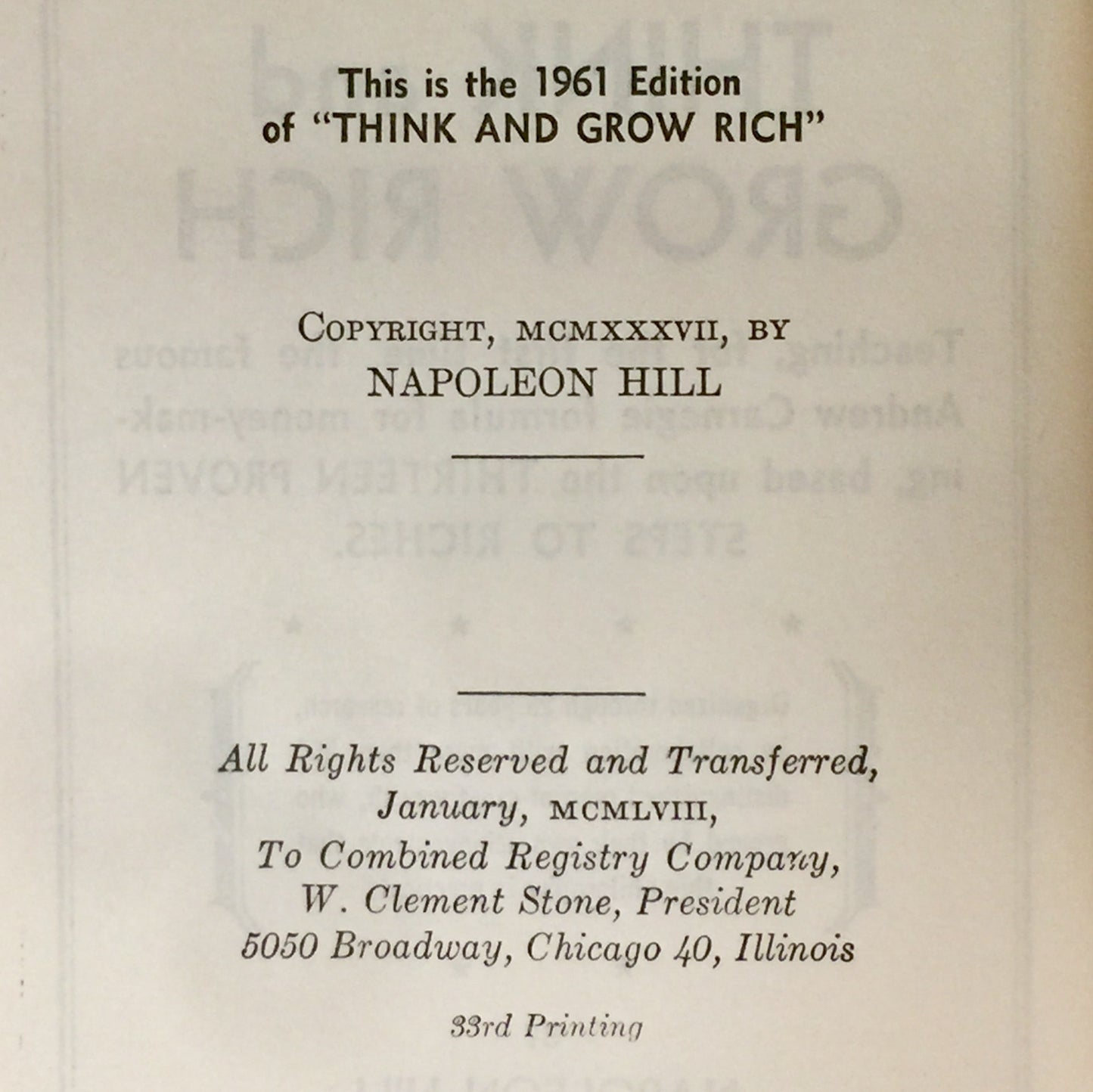 Think and Grow Rich - Napoleon Hill - Very Scarce with Dust Jacket - Thirty Third Printing - 1961