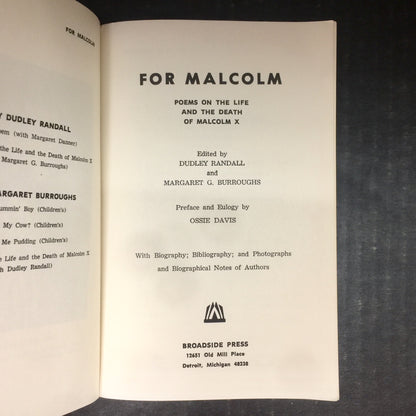 For Malcolm - Dudley Randall and Margaret G. Burroughs - Second Edition - Fourth Printing - 1969