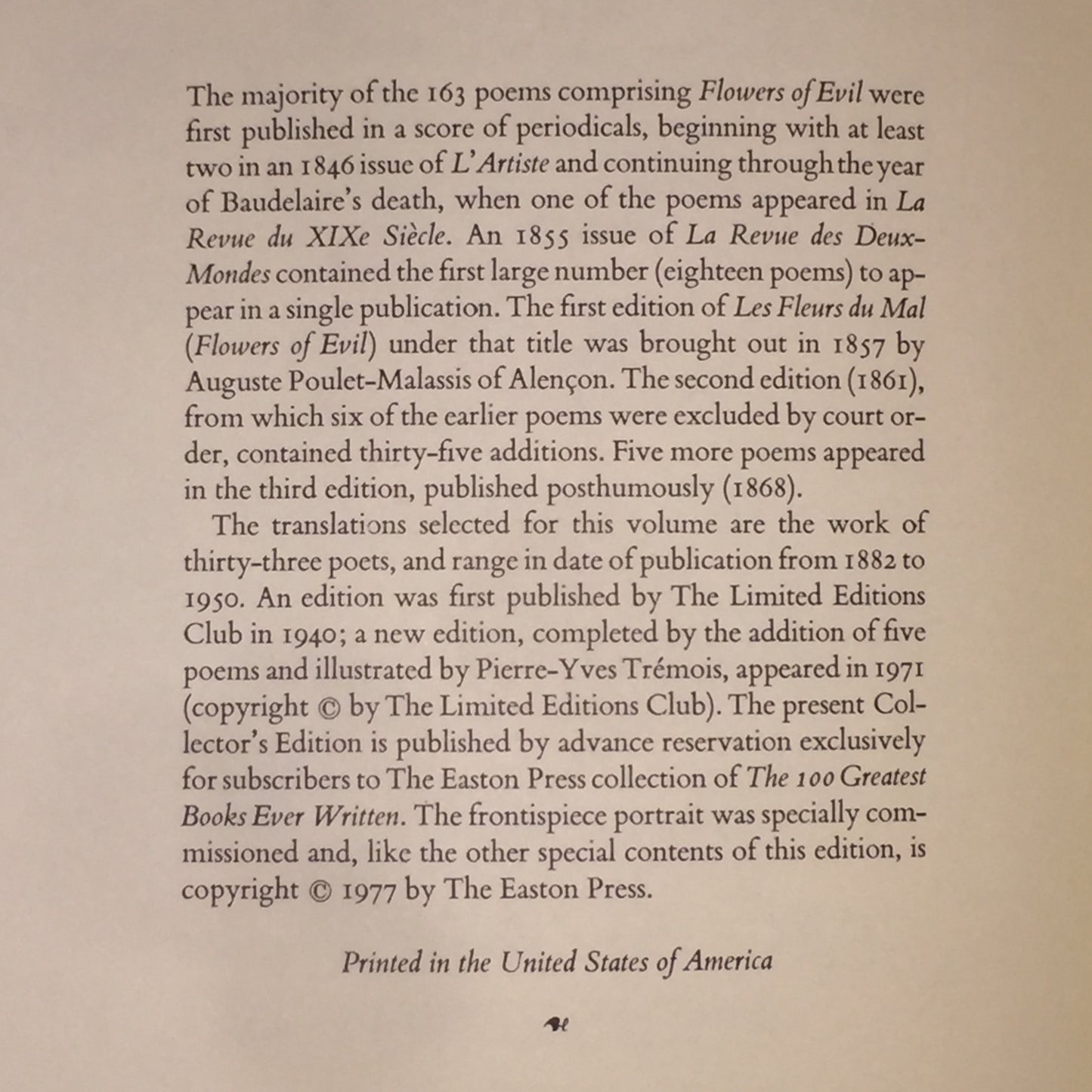 The Flowers of Evil - Charles Baudelaire - Easton Press - 1977
