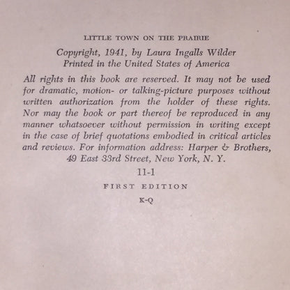 Little Town on the Prairie - Laura Ingalls Wilder - 1st Edition - Ex Library - 1941