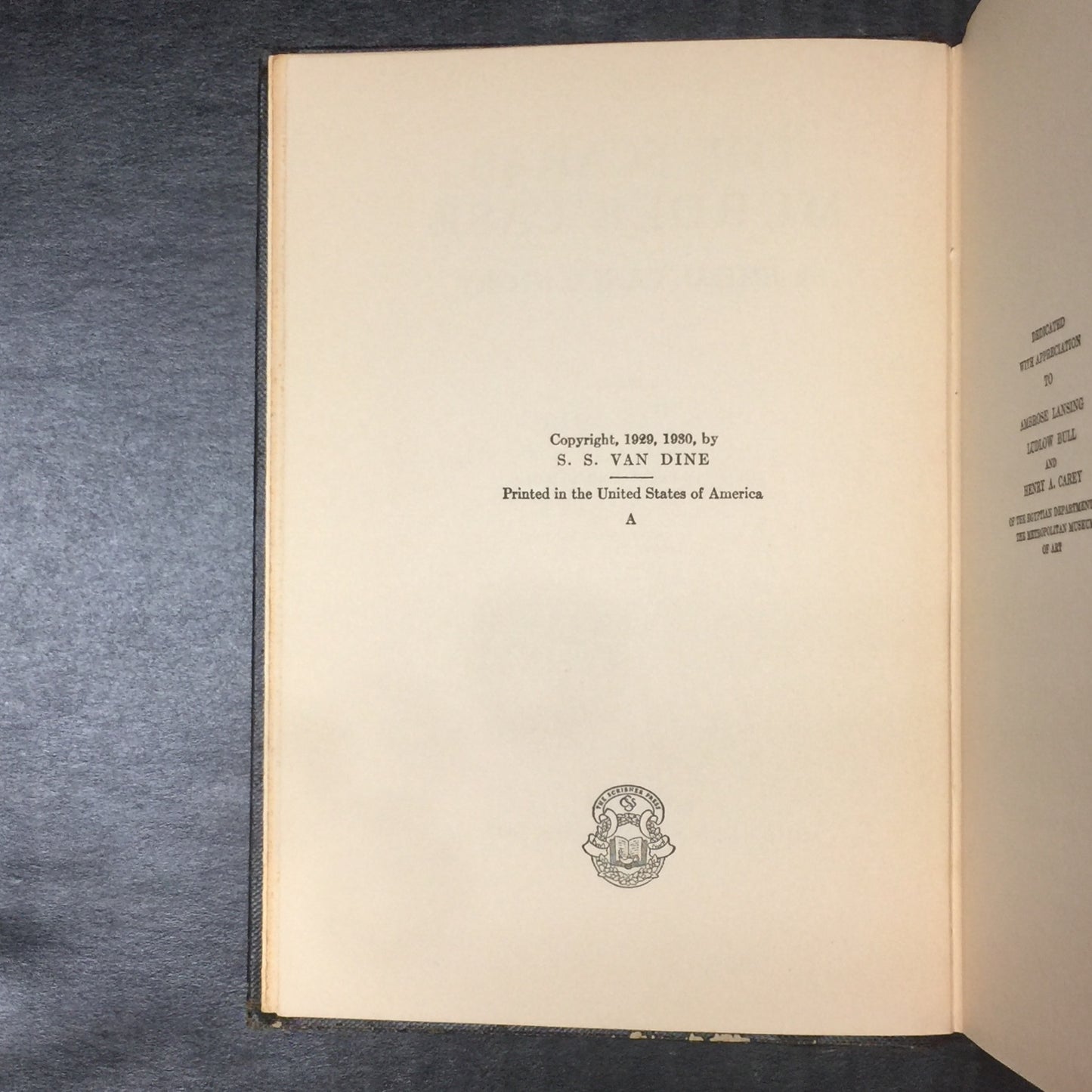 The Scarab Murder Case - S.S. Van Dine - First Edition - Missing Jacket - 1930