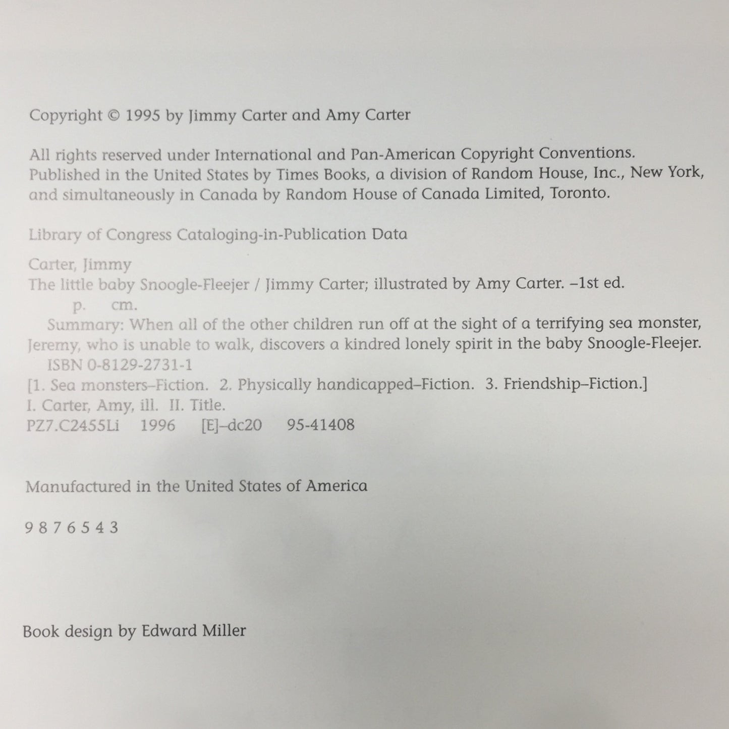 The Little Baby Snoogle-Fleejer - Jimmy Carter - Signed by Author - Third Print - 1995