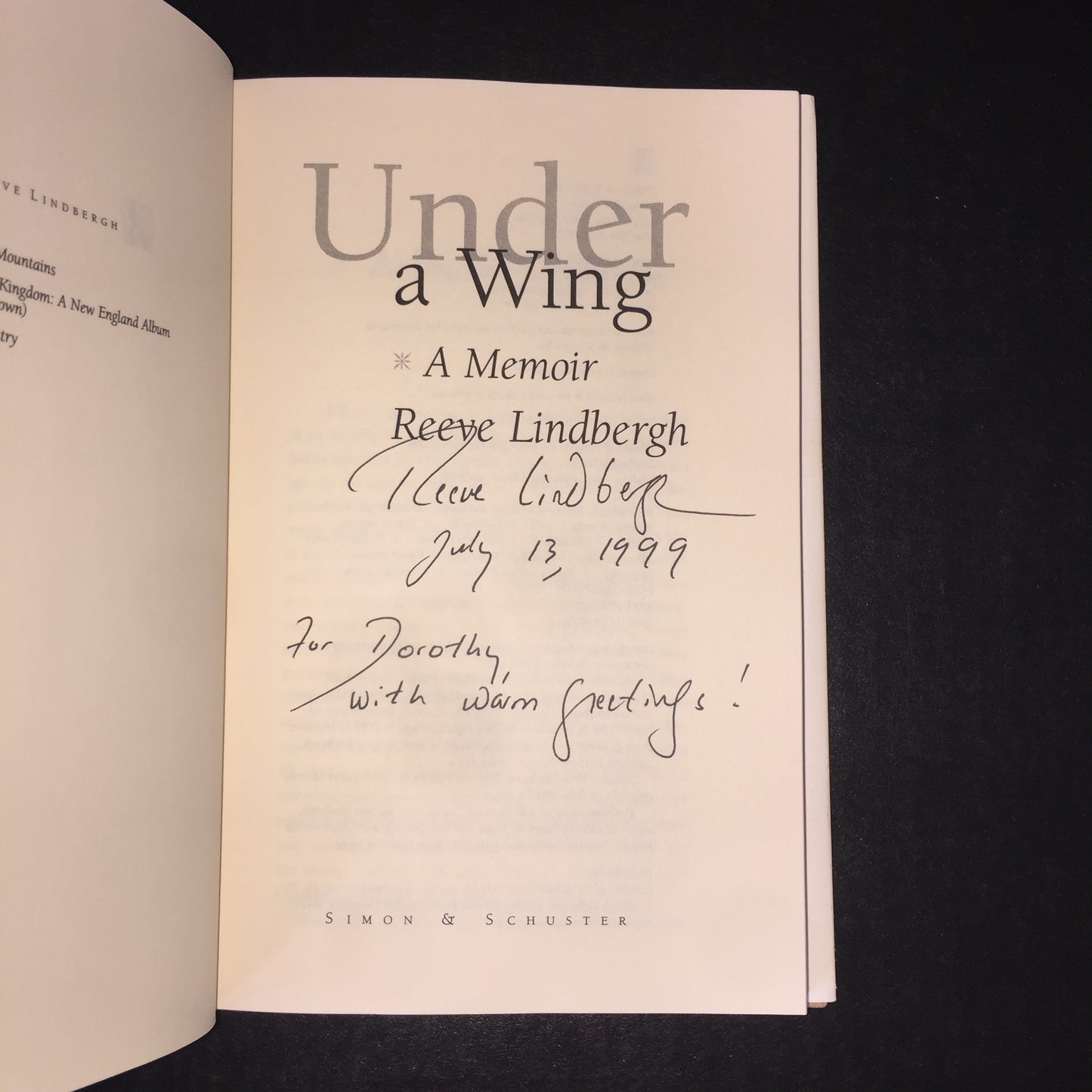 Under A Wing: A Memoir - Reeve Lindbergh - Signed - 1998