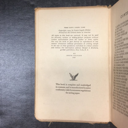 These Happy Golden Years - Laura Ingalls Wilder - Sixth Edition - 1943