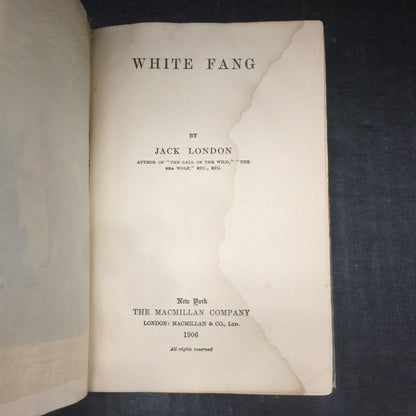 White Fang - Jack London - First American Edition - Spine and Water Damage - Ex-Library - 1906