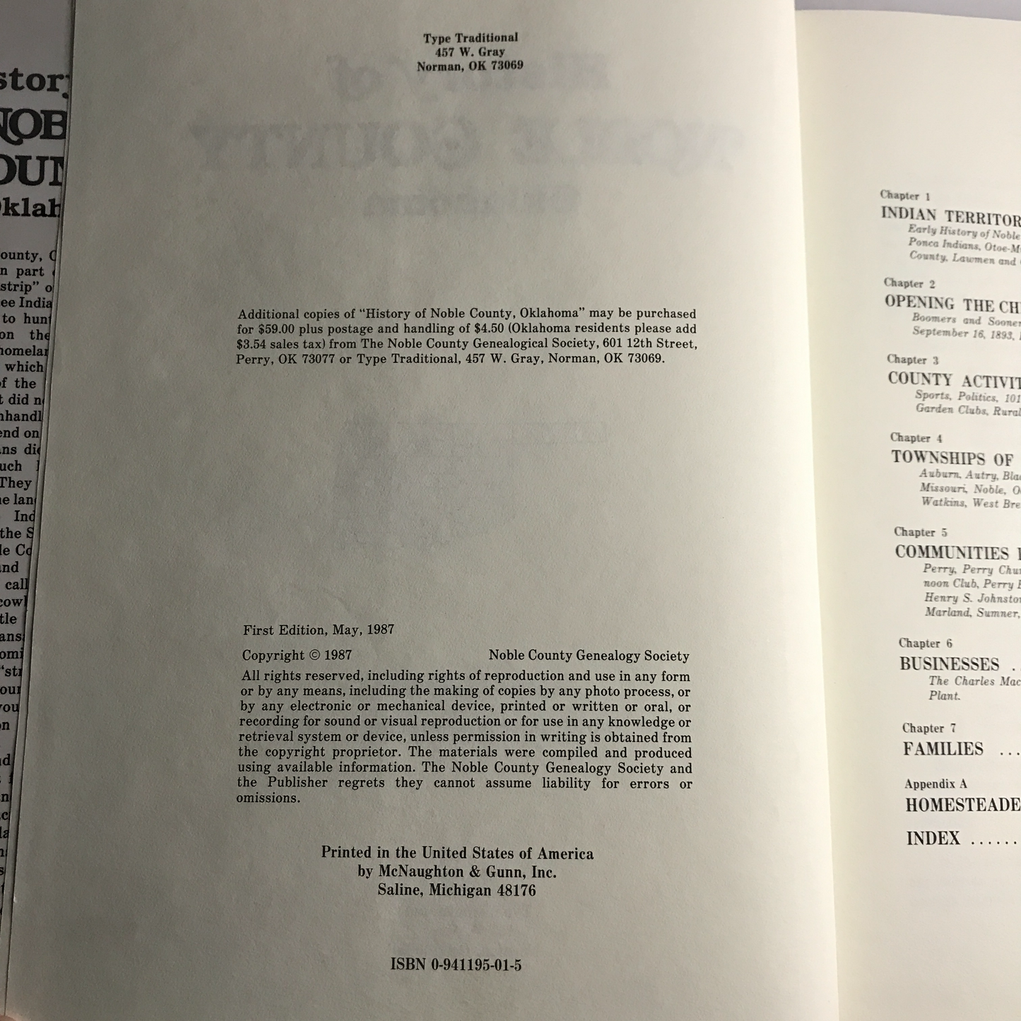 The History of Noble County Oklahoma - Noble County Genealogical Society - 1st Edition - 1987