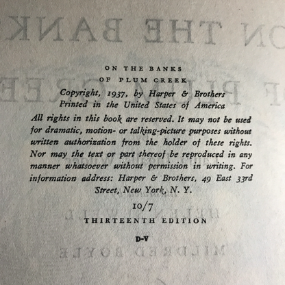 On the Banks of Plum Creek - Laura Ingalls Wilder - 13th Edition w Dust Jacket