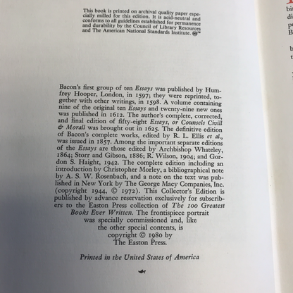 The Essayes - Francis Bacon - Easton Press - 1980 - Full Leather