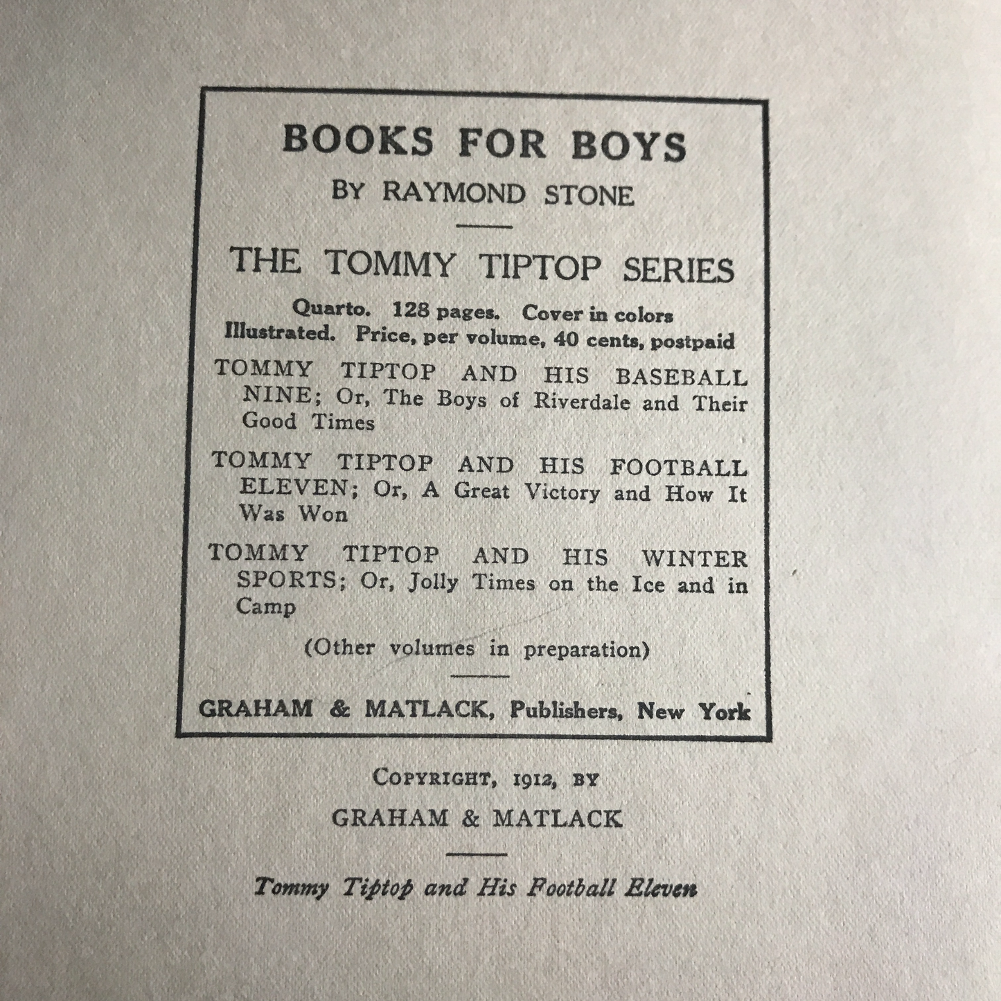 Tommy Tiptop and his Football Eleven - Raymond Stone - First Edition - 1912