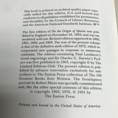 On the Origins of Species - Charles Darwin - Easton Press - 1991