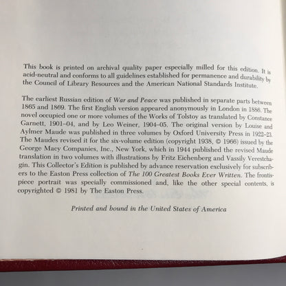 War And Peace - Leo Tolstoy - Easton Press - 1981