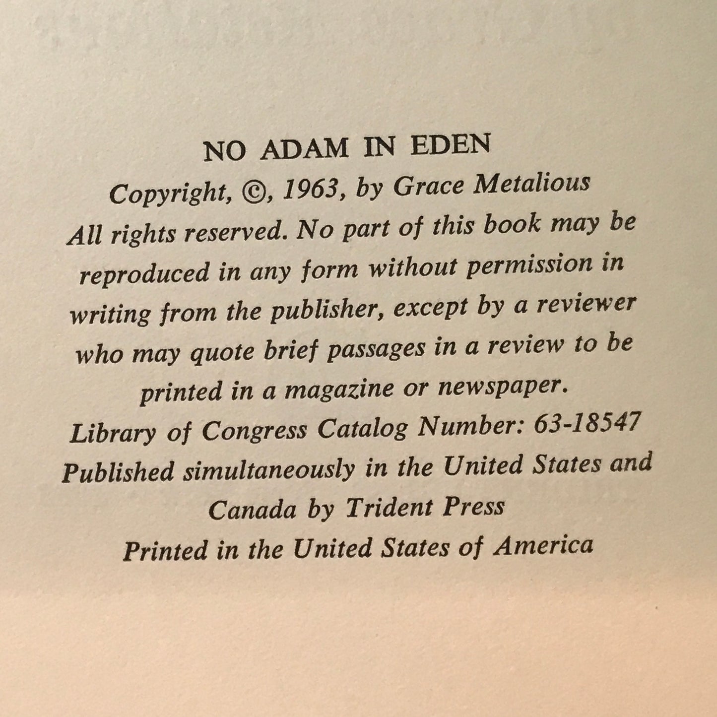 No Adam in Eden - Grace Metalious - First Edition - 1963