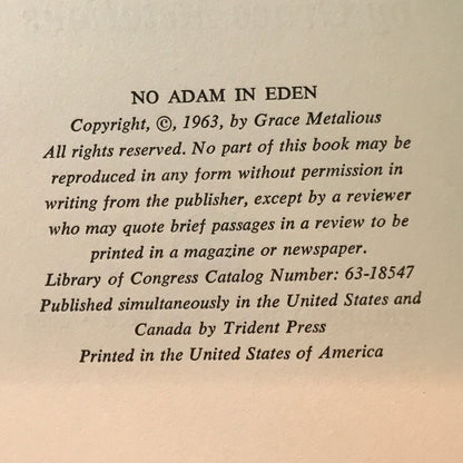 No Adam in Eden - Grace Metalious - First Edition - 1963