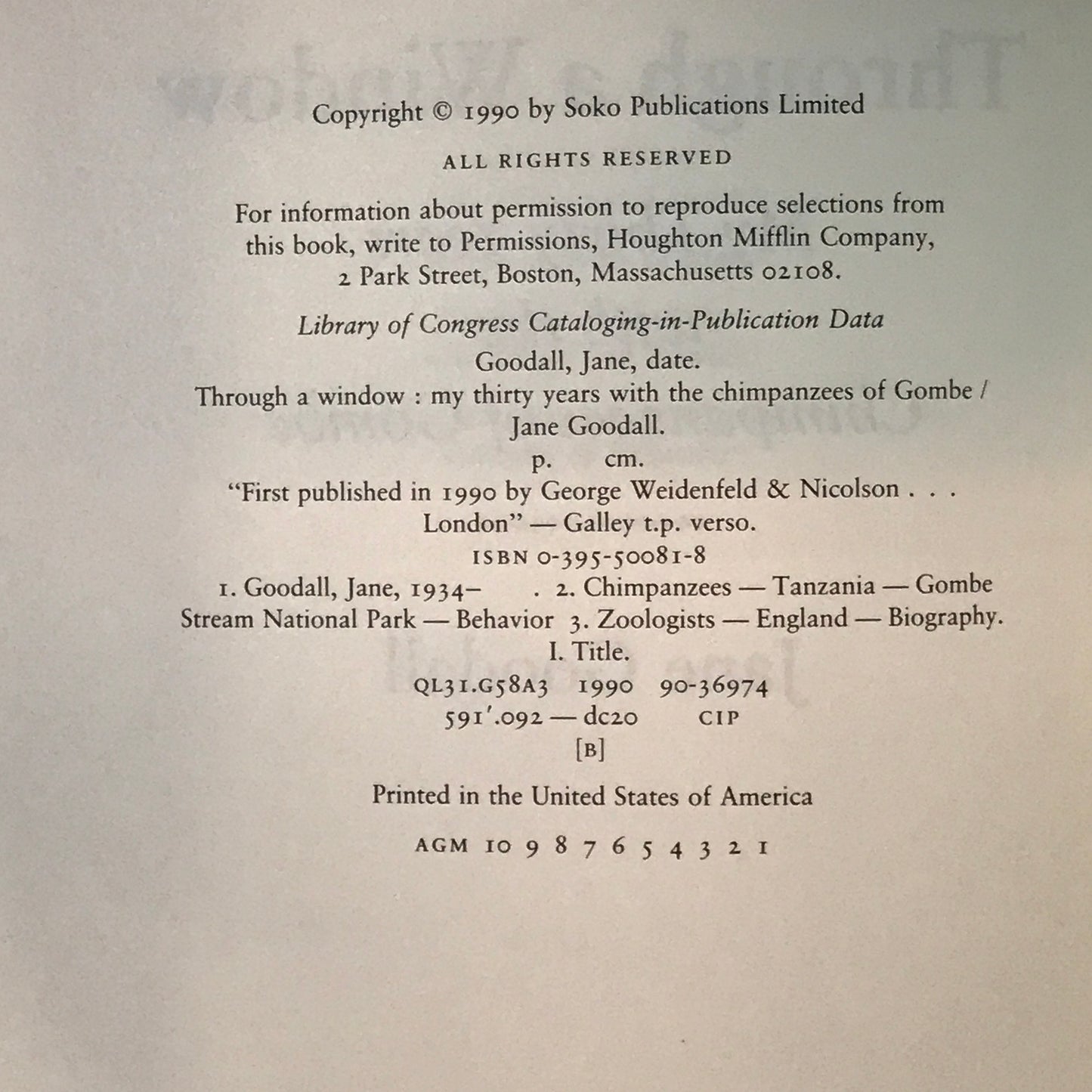 Through A Window - Jane Goodall - First Edition - Signed - 1990