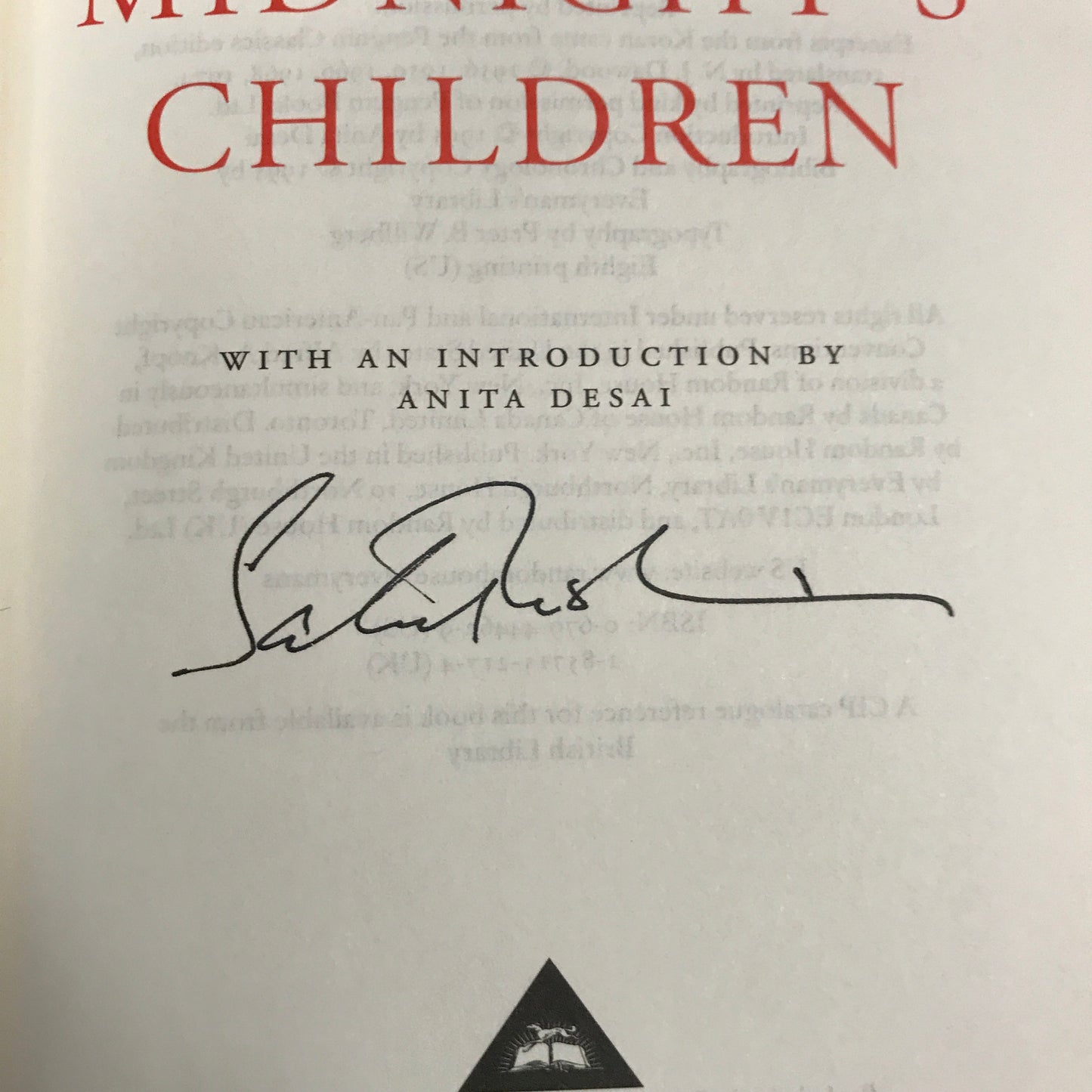 Midnight's Children - Salman Rushdie - Signed - 8th Printing - 1995