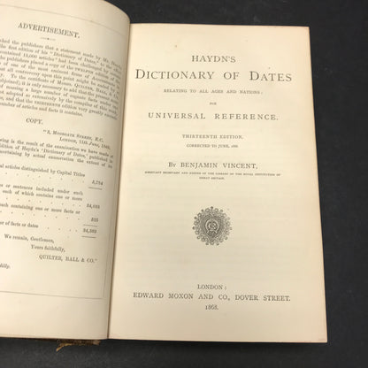 Haydn's Dictionary of Dates - Benjamin Vincent - 13th Edition - 1868