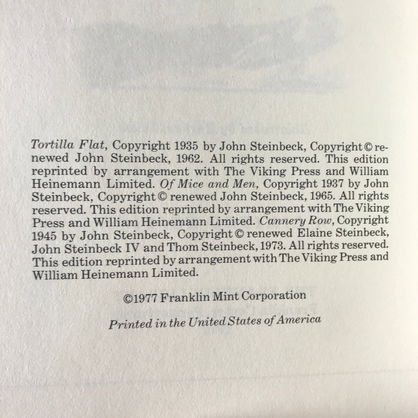 Three Novels: Tortilla Flat / Of Mice and Men / Cannery Row - John Steinbeck - Franklin Library - 1977