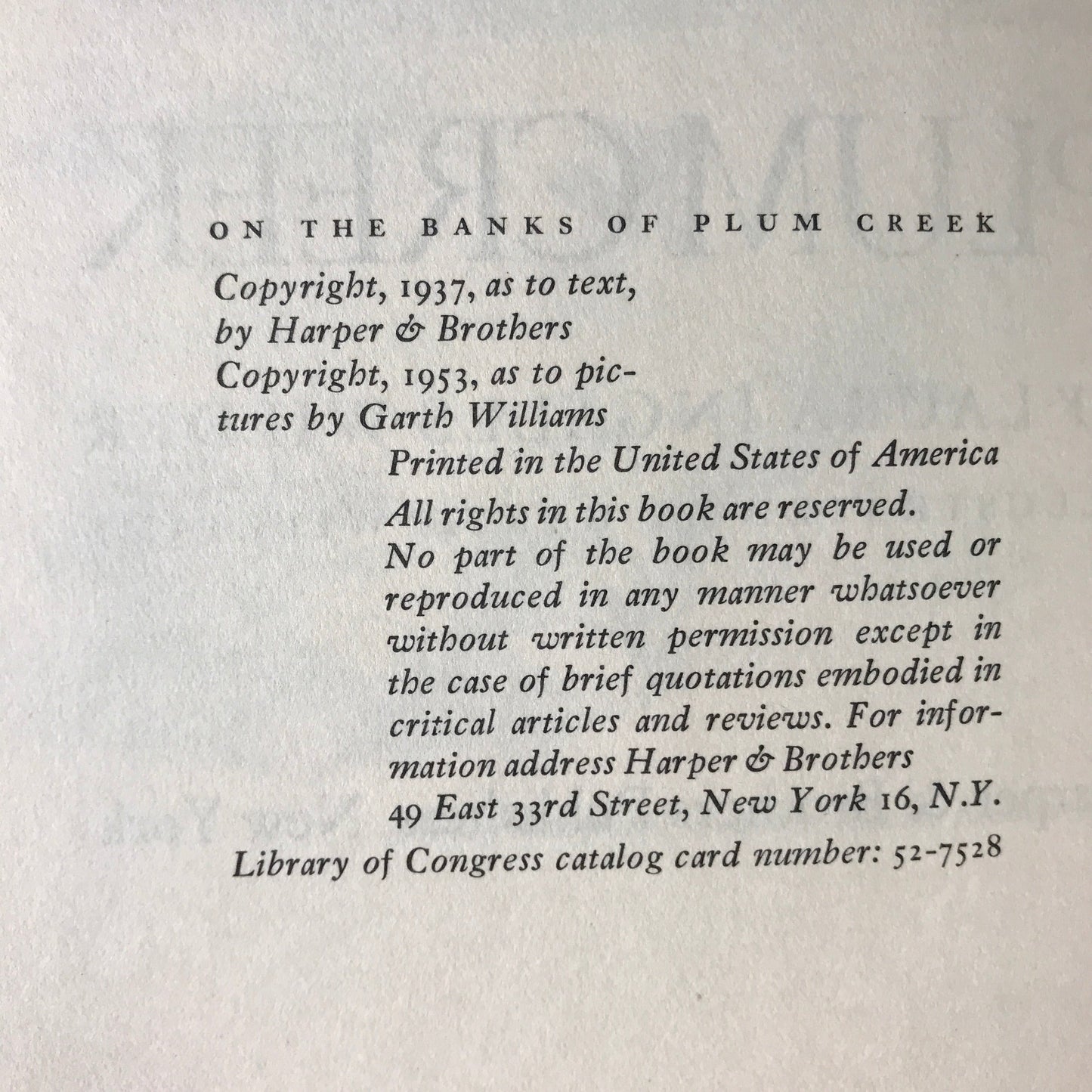 On the Banks of Plum Creek - Laura Ingalls Wilder - 1953