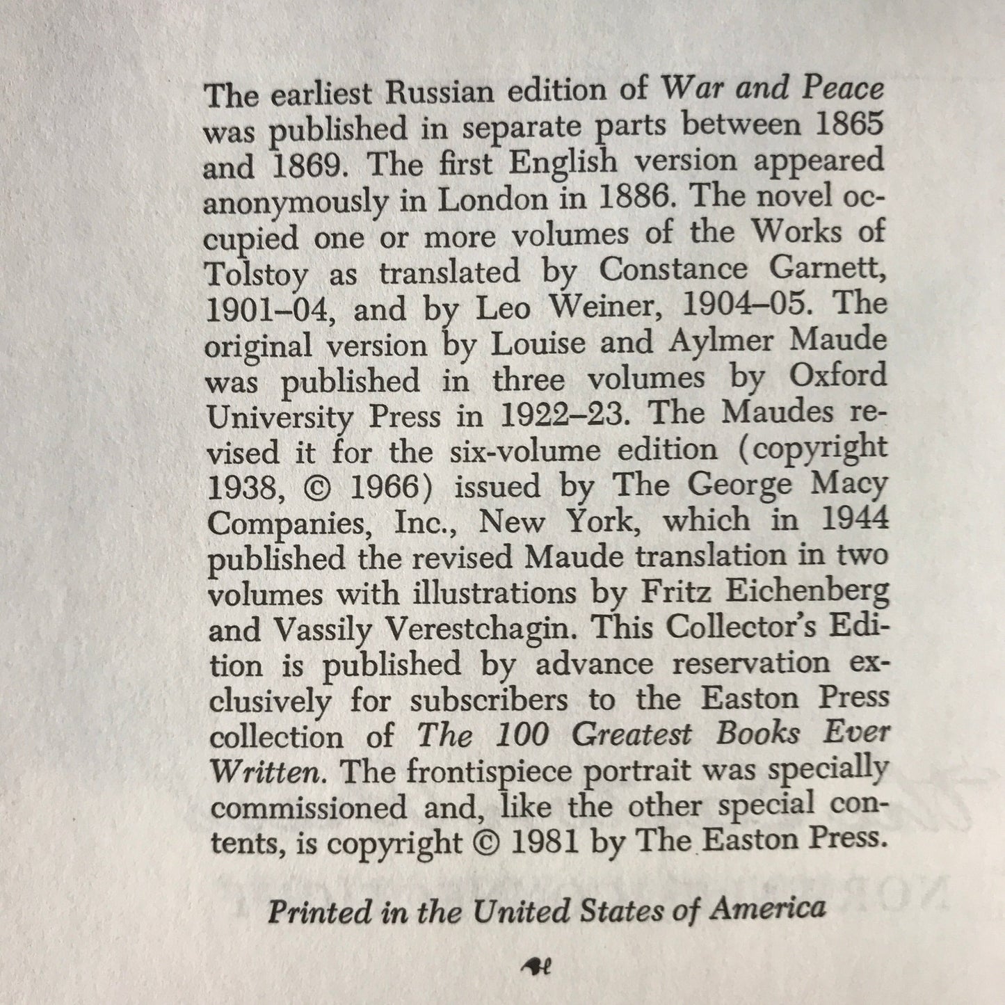 War and Peace - Volume One - Leo Tolstoy - Easton Press - 1981
