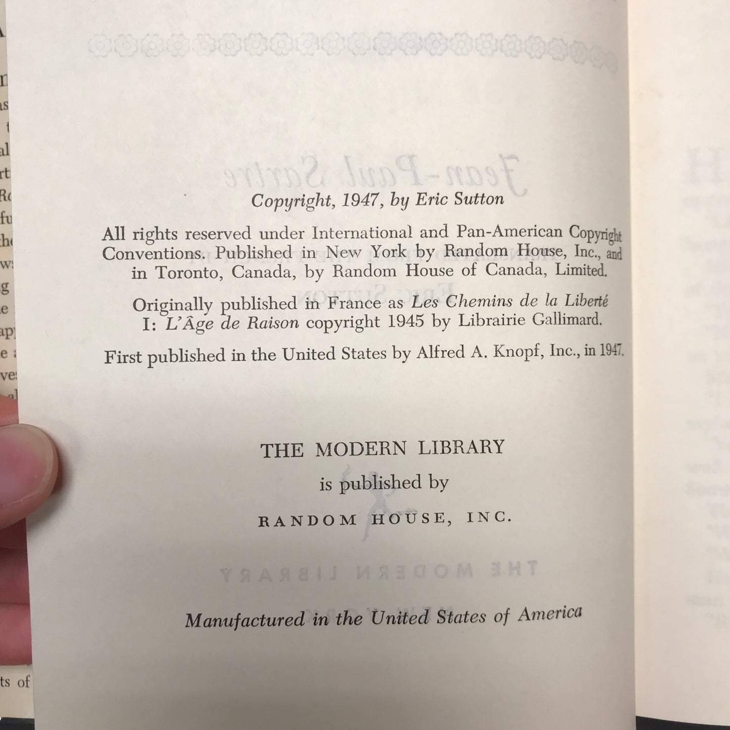 The Age of Reason - Jean-Paul Sartre - Modern Library - 1947