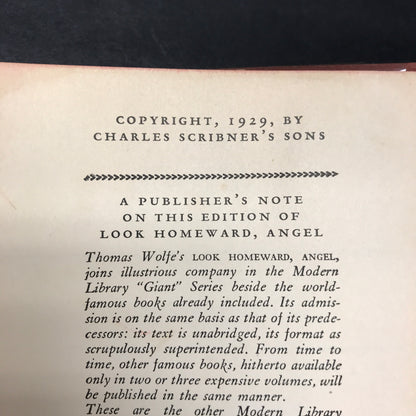 Look Homeward, Angel - Thomas Wolfe - Modern Library - 1929