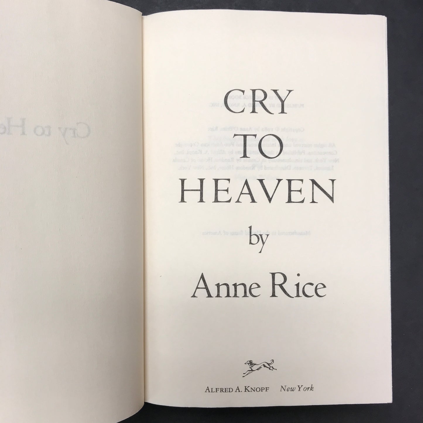 Cry To Heaven - Anne Rice - Book Club Edition - 1982