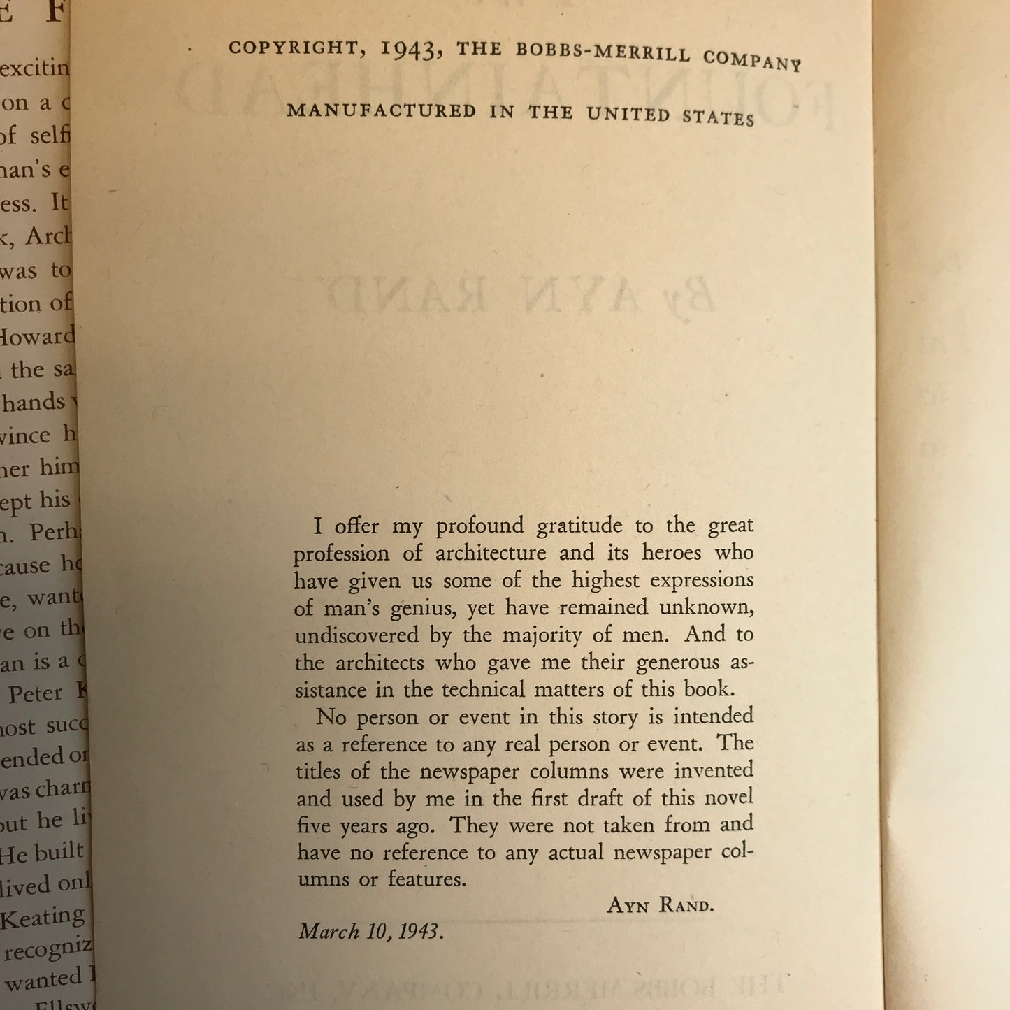 The Fountainhead - Ayn Rand - Early State with Errors pointing to Early - 1943