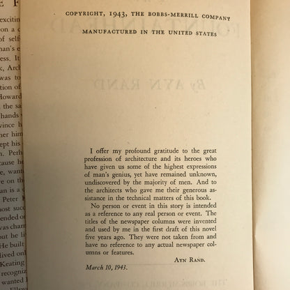 The Fountainhead - Ayn Rand - Early State with Errors pointing to Early - 1943