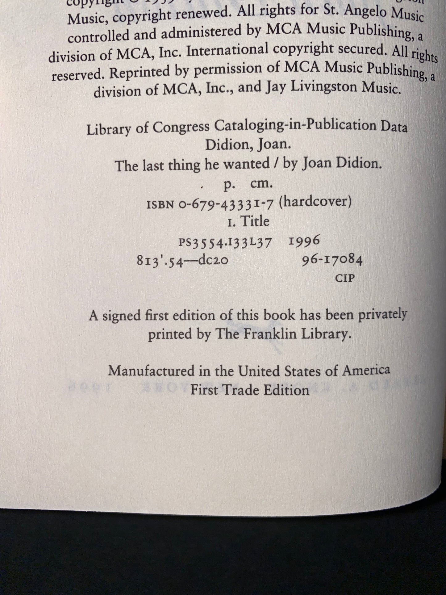 The Last Thing He Wanted - Joan Didion - 1st Trade - 1996