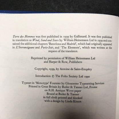 Wind, Sand, and Stars - Antoine de Saint-Exupery - Folio Society - 1990