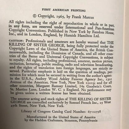 The Killing of Sister George - Frank Marcus - 1st Edition - 1965
