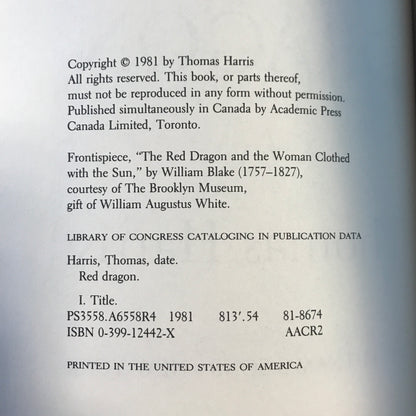Red Dragon - Thomas Harris - 1st Edition - 1981