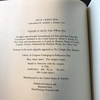 The Vampire Lestat - Anne Rice - 3rd Print - 1985