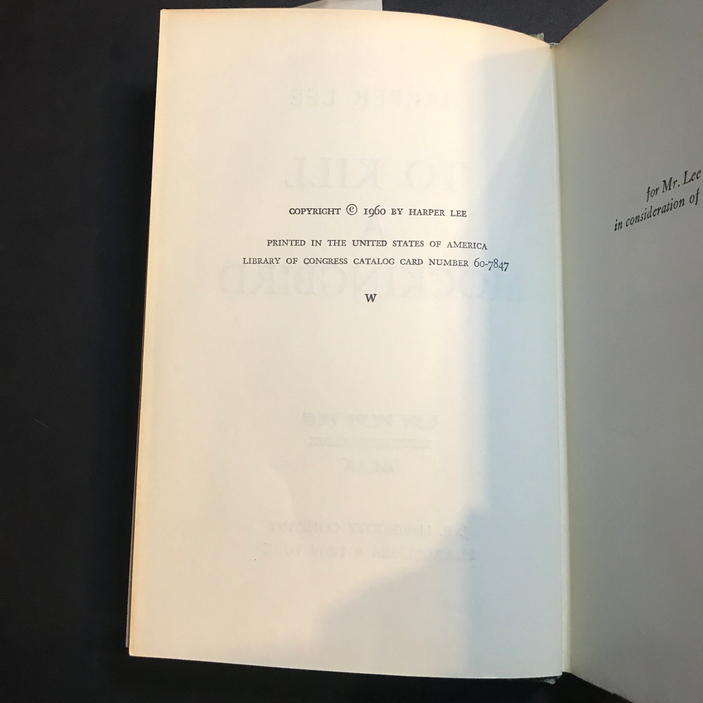 To Kill A Mockingbird - Harper Lee - 7th Print - "W" on Copyright Page - Book Club Mark on back - 1960