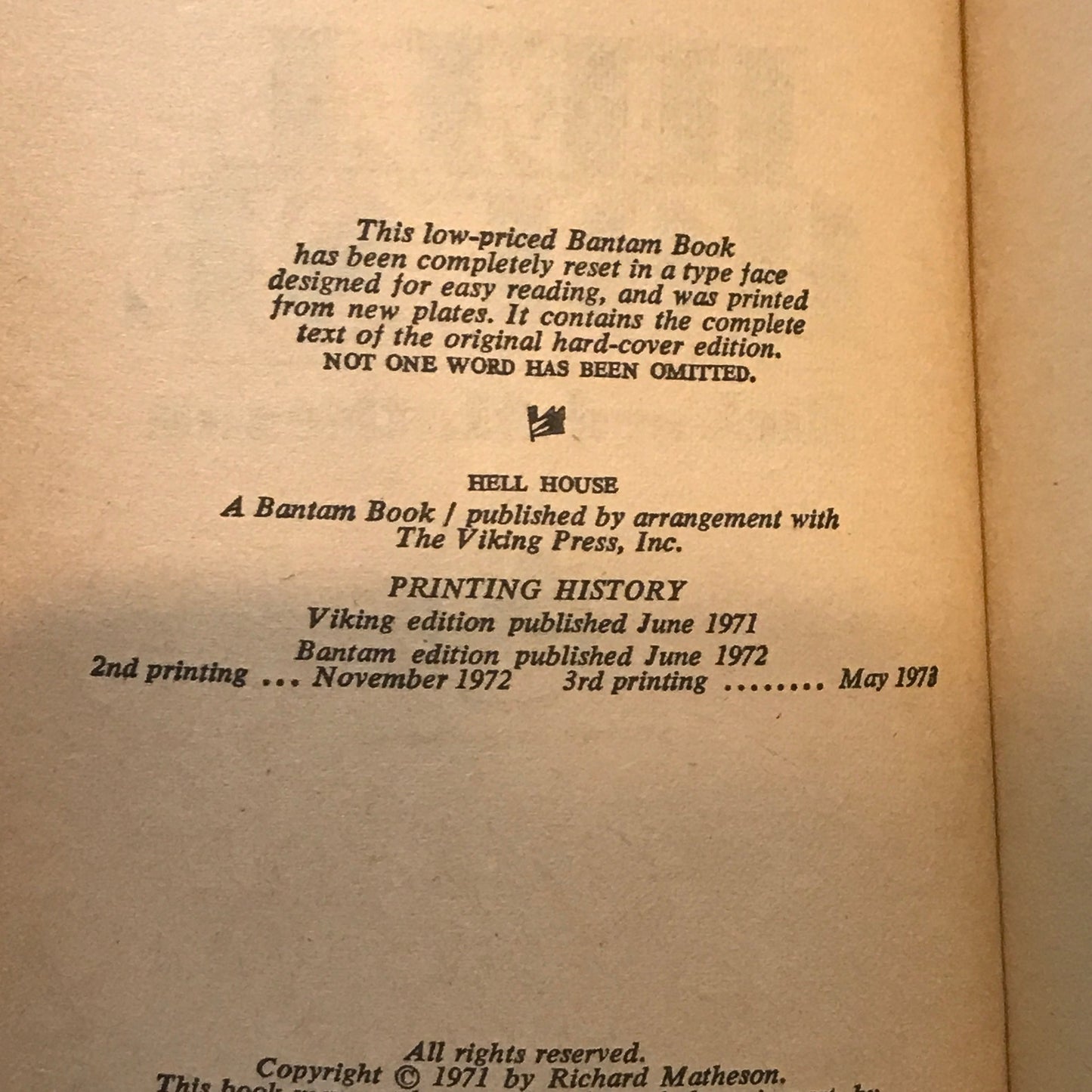 Hell House - Richard Matheson - 3rd Print - 1973