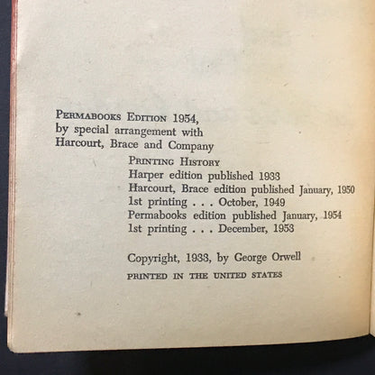 Down and Out in Paris and London - George Orwell - Very Scarce - 1954