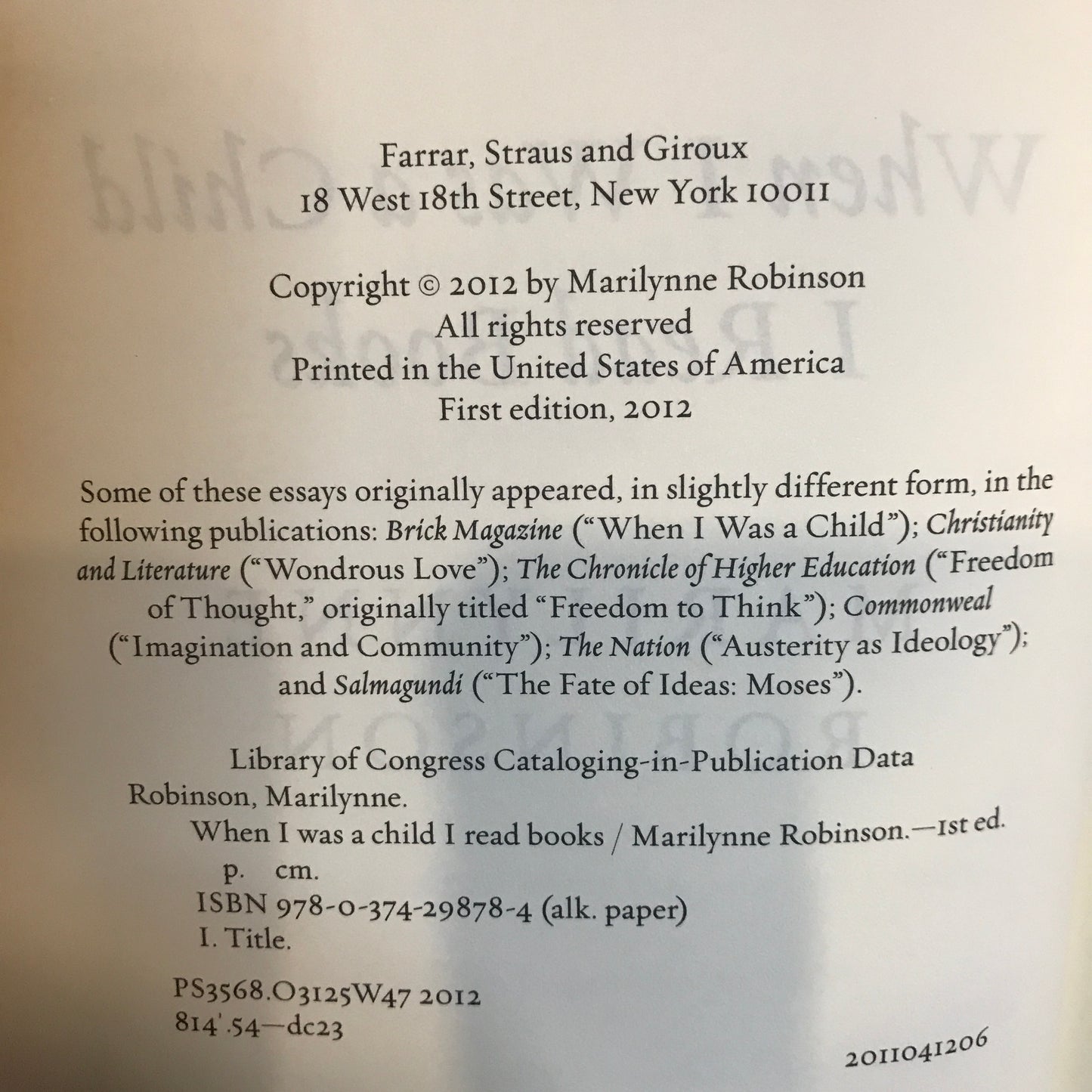 When I Was A Child I Read Books - Marilynne Robinson - 1st Edition - 2012