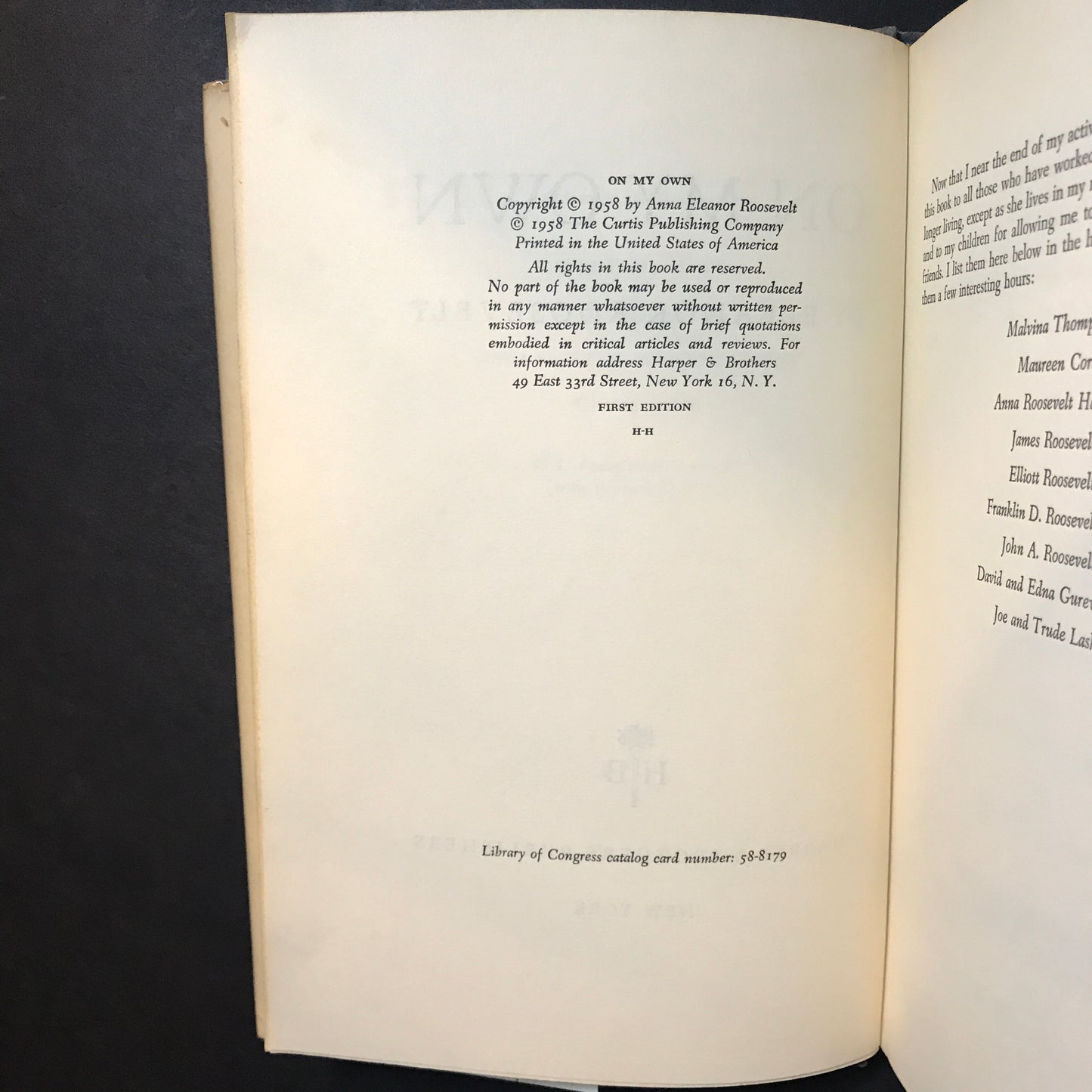 On My Own - Eleanor Roosevelt - 1st Edition - 1958