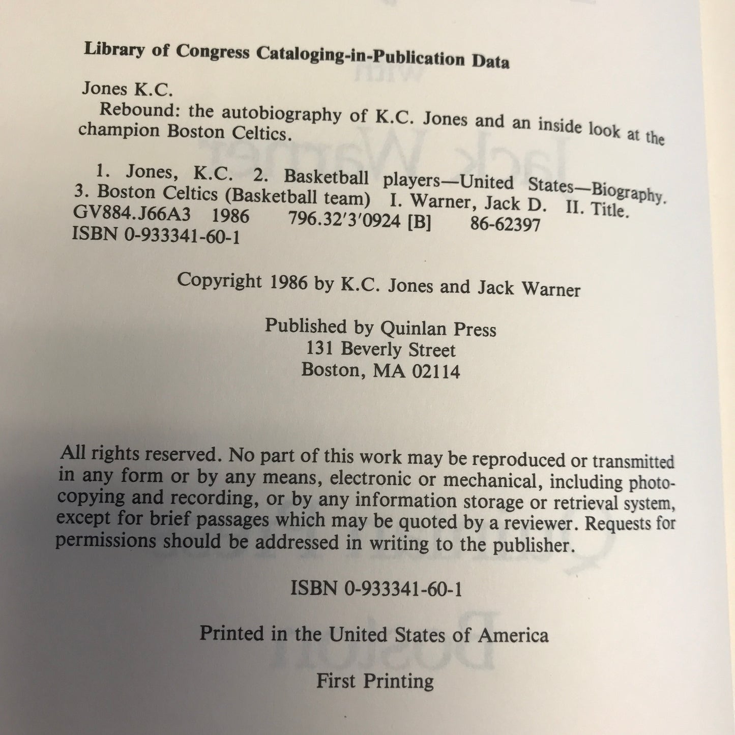 Rebound - K. C. Jones - Inscribed - 1986