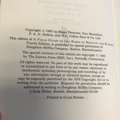 Birds of Britain and Europe - Peterson, Mountfort and Hollom - Roger Tory Peterson Field Guides - Easton Press - 1985