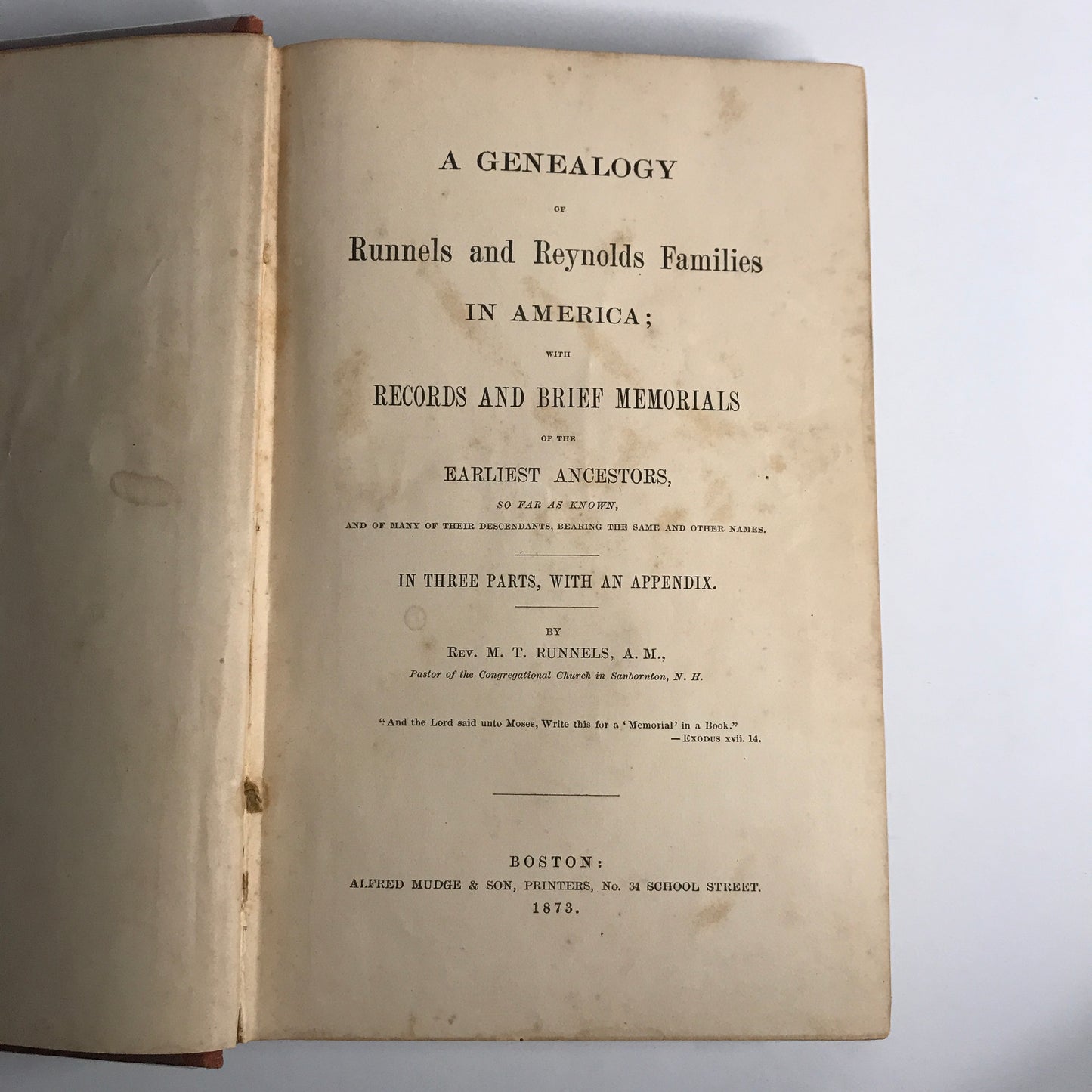 A Genealogy of the Runnels and Reynolds Families - Reverend M. T. Runnels - 1873