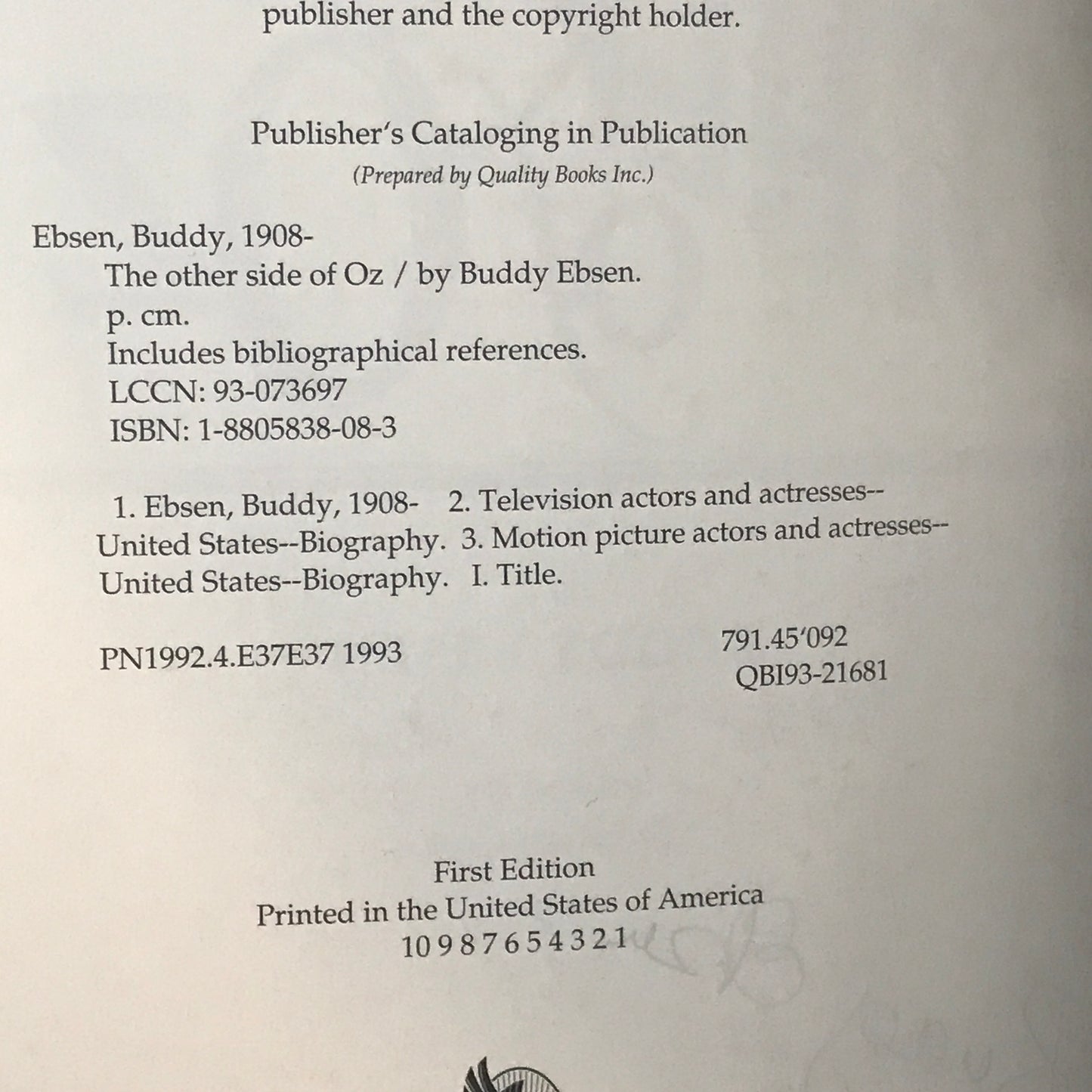 The Other Side of Oz - Buddy Ebsen - Signed - 1st Edition - 1993