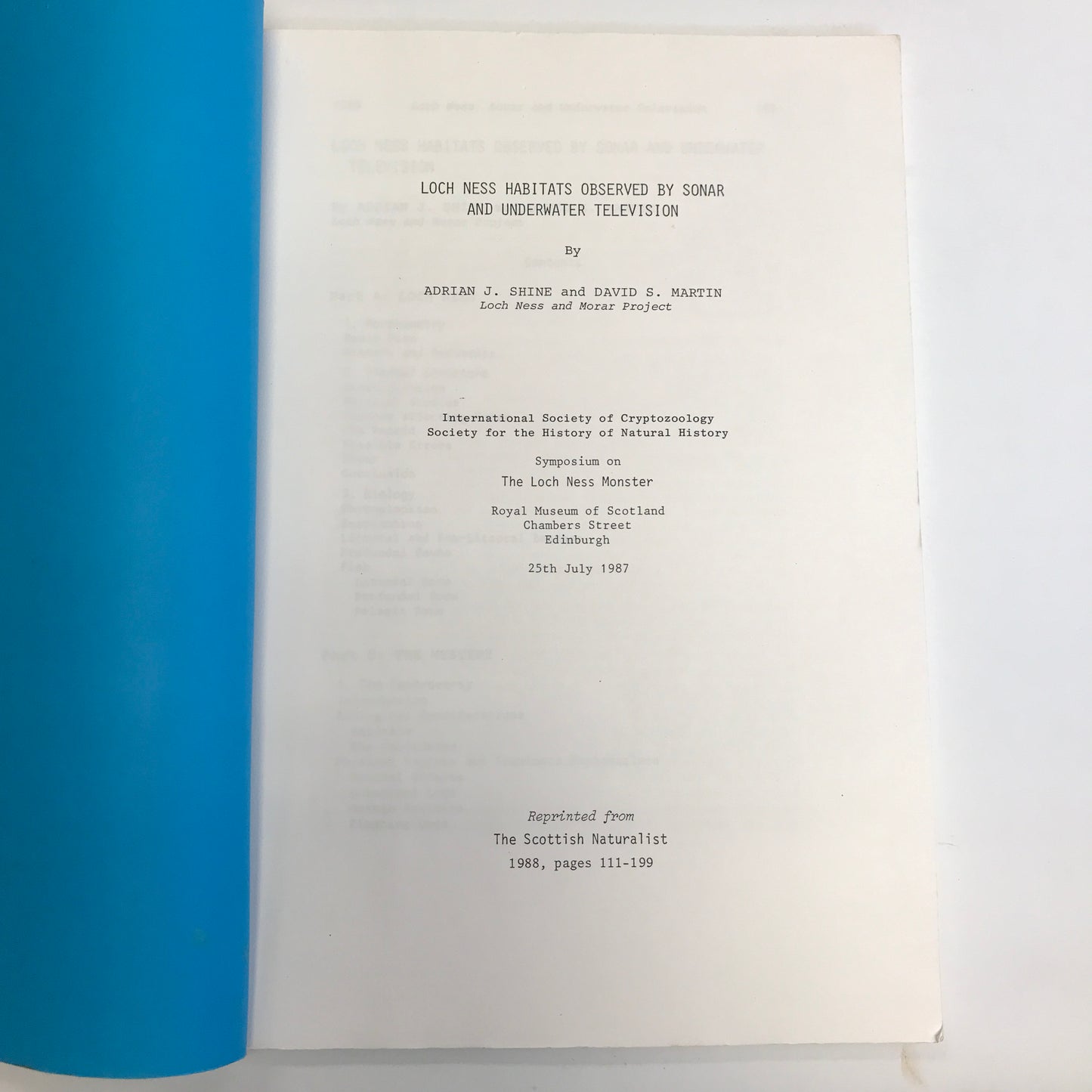 Loch Ness Habitats Observed by Sonar and Underwater Television - Adrien J. Shine - Reprint - 1988