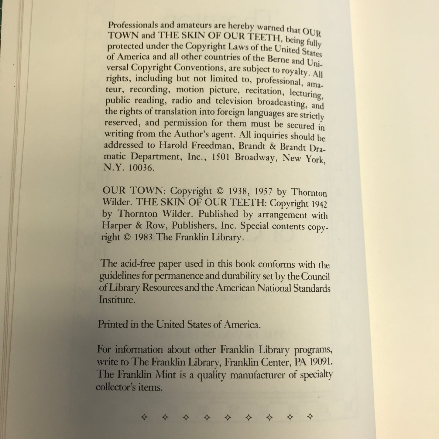 Our Town / The Skin of Our Teeth - Thornton Wilder - Franklin Library - 1983